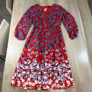 NEW Ann Taylor Red Floral Belted A Line Midi Dress Size 10 Petite
